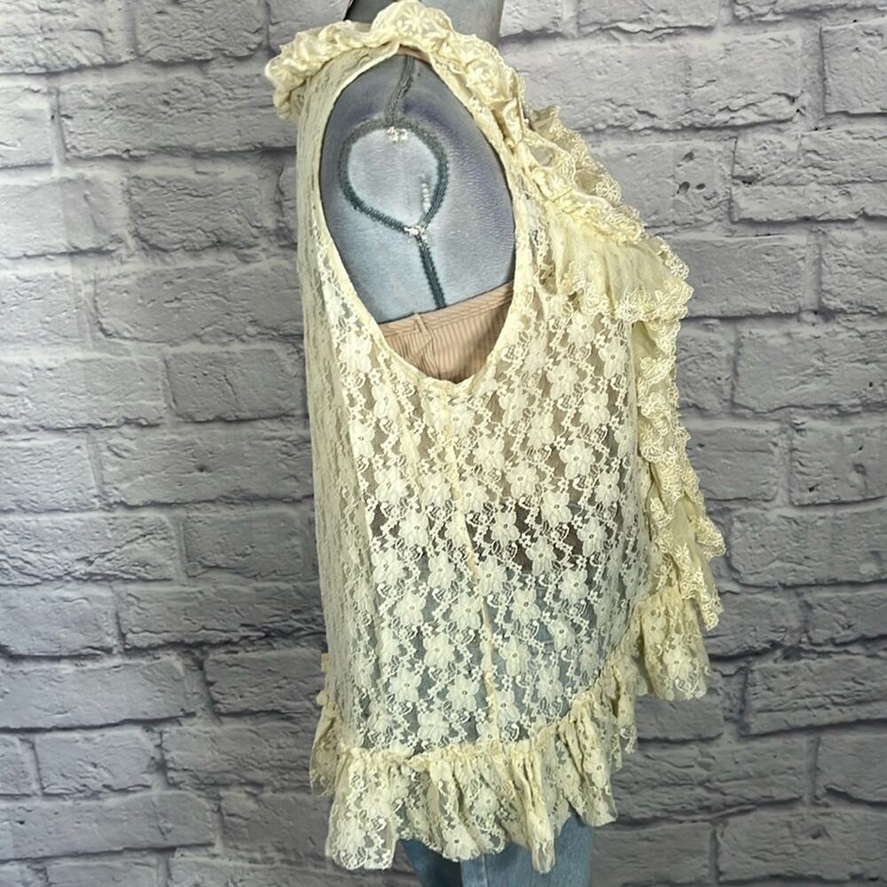 Forever 21 Cream Colored Lace Ruffle Front Sheer Blouse - Picture 4 of 10